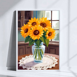 Solrosbukett Vattenfärg Blommig Gul Målning Poster