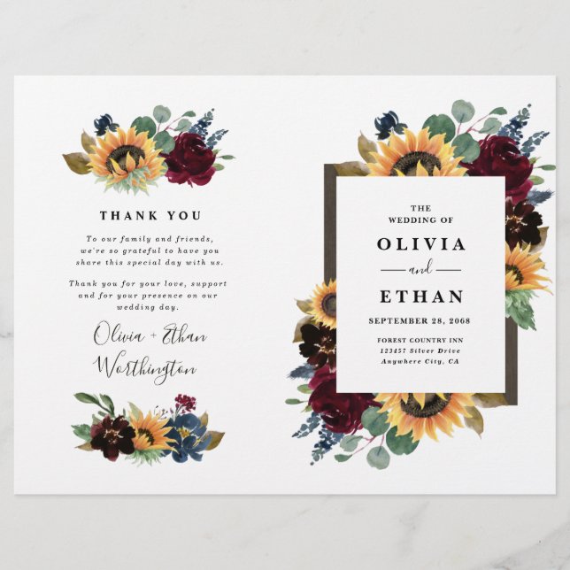 Solrosburgundi-blå Bröllopsprogram (Framsida)