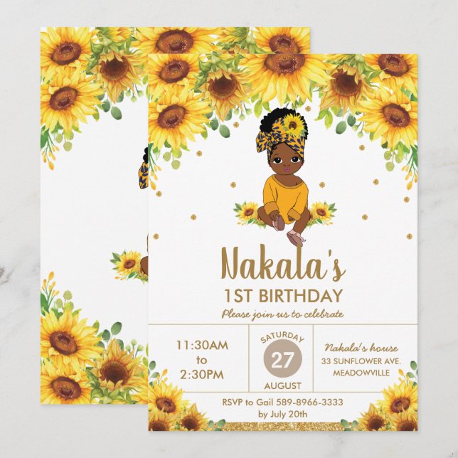 Solroscute African American Girl 1:a födelsedagen Inbjudningar (Fram/baksida)