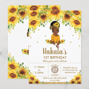 Solroscute African American Girl 1:a födelsedagen Inbjudningar