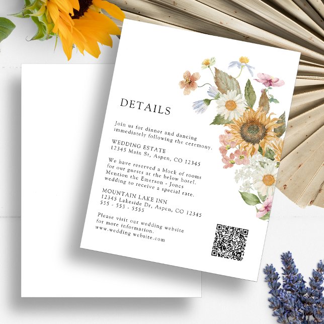 Solrosdetalj Tilläggskort (Boho Sunflower Wildflowers Floral Detail Enclosure Card QR Code by Painted Paperie
)