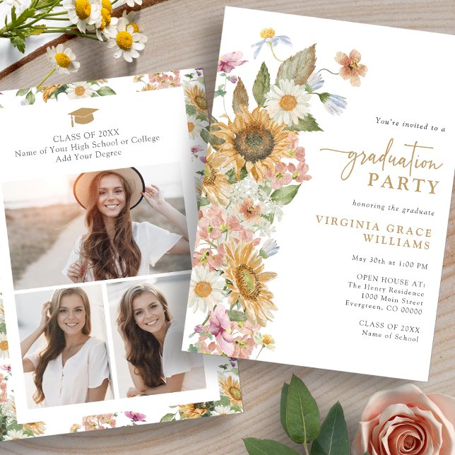 Solrosexamen Inbjudningar (Watercolor Sunflower Graduation Party Invitation by Painted Paperie
)