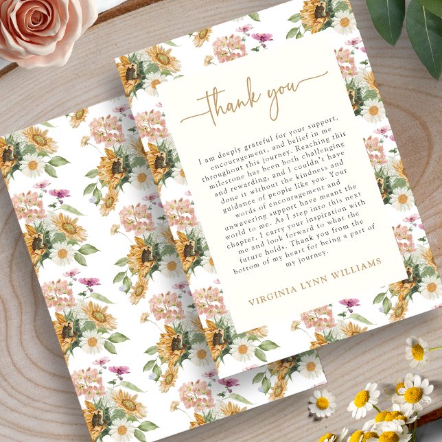 Solrosexamen Tack Kort (Watercolor Sunflower Graduation Thank You Card by Painted Paperie
)