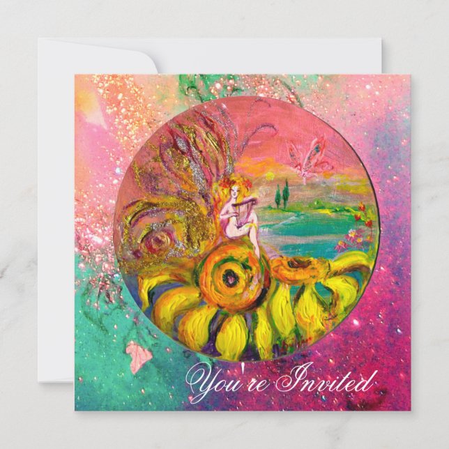 SOLROSFAINS ÄNGEL gul grön rosa glimmer Inbjudningar (Framsida)