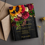 Solrosfall och burgundsfall i ro inbjudningar<br><div class="desc">Mall för inbjudan till elegant chic snyggt på mörk brun barlved med en vacker gult solros och röd burgundy ro bouquet, strängar av tvilling ljus och faux bröllop typography script. Enkel att anpassa med dina uppgifter! ( ) Inbjudan är lämplig för elegant höstfall eller sommarträdgårdssängar i land utanför trädgården på...</div>
