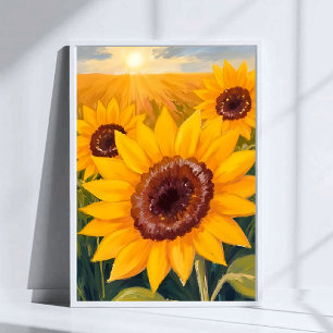 Solrosfält Gul blomster vattenfärg målning Poster