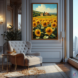 Solrosfält och toskansk stuga - Impressionism Poster