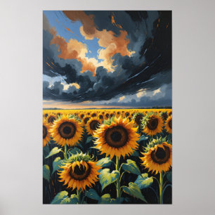 Solrosfält Under Dramatisk Himmel Landskapsmålning Poster