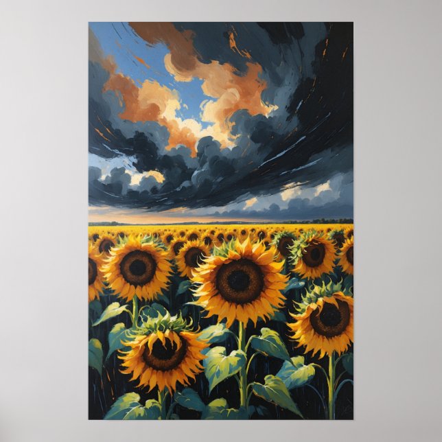 Solrosfält Under Dramatisk Himmel Landskapsmålning Poster (Framsidan)