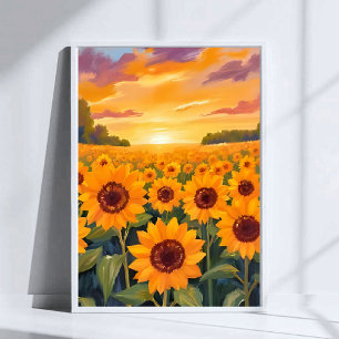 Solrosfältslandskapsmålning vid solnedgång poster