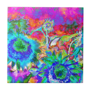 Solrosfärgad blommigt med blå abstrakt kakelplatta