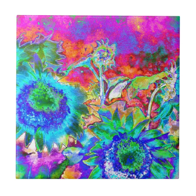 Solrosfärgad blommigt med blå abstrakt kakelplatta (Framsidan)