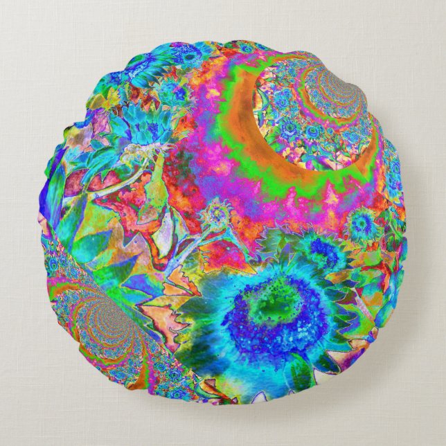 Solrosfärgad blommigt med blå abstrakt rund kudde (Framsidan)