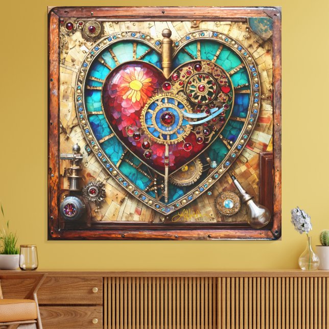 Solrosfärgat glas hjärta Steampunk-serien Canvastryck (Insitu (Vardagsrum))