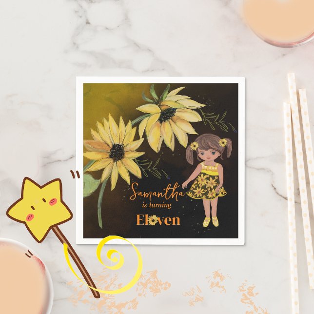 Solrosfärgsfärg Femte flickan Black Birthday Pappersservett (Sunflower Watercolor Fifth Girl Black Birthday Napkins)