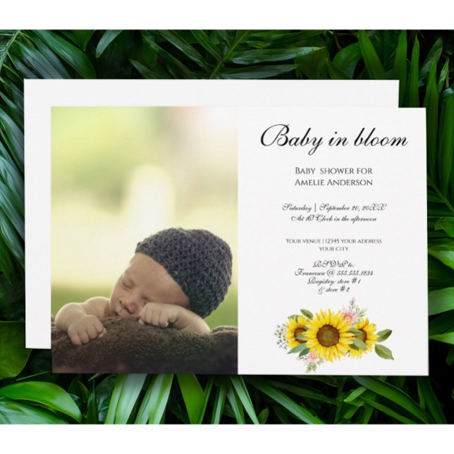 Solrosfärgsfoto Rosa Blommigt Baby Inbjudningar (Baby in bloom -  BABY SHOWER WITH SUNFLOWER)