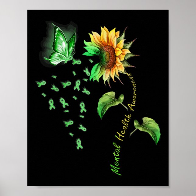 Solrosfjäril Ribbon Grönt Mental Health Awa Poster (Framsidan)
