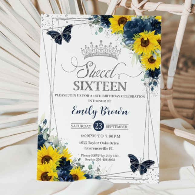 Solrosflotta Blommigt Butterflies Silver Sweet 16 Inbjudningar (Skapare uppladdad)