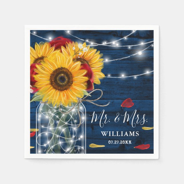 Solrosflottan Blue Röd ros Rustic Wood Bröllop Pappersservett (Framsidan)