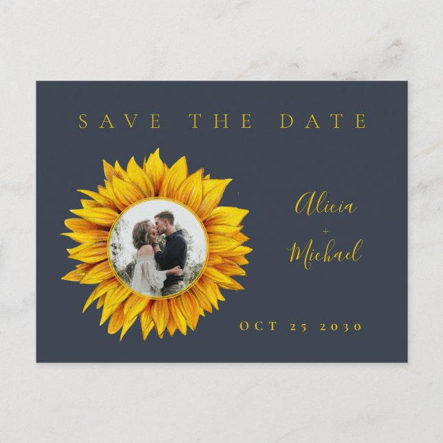 Solrosfoto bröllop spara datum meddelande vykort (Framsida)