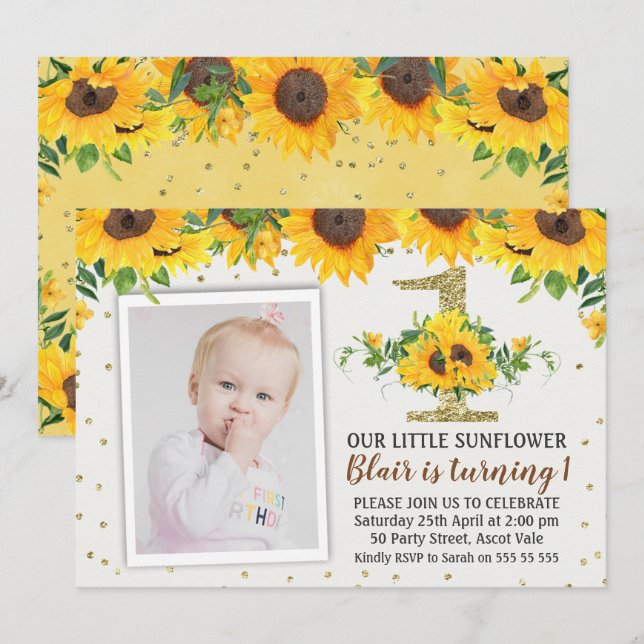 Solrosfoto Första födelsedagsinbjudan Flicka Inbjudningar (Fram/baksida)