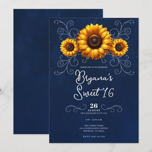 Solrosfrö Gnistra Blue Rustic Glam Sweet 16 Inbjudningar (Fram/baksida)