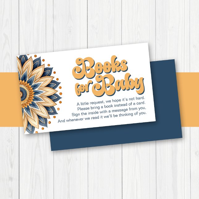 Solrosfrö Guld i marinblå Bokar för Baby Tilläggskort (Navy Blue and Gold Retro Typography Books for Baby Inserts)