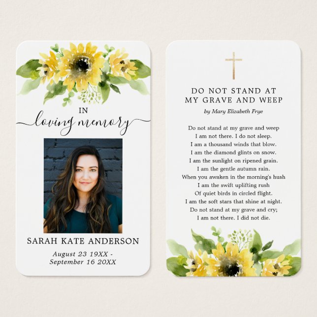 SolrosFuneral in Loving Memory Dikt Card Visitkort (Framsida & baksida)
