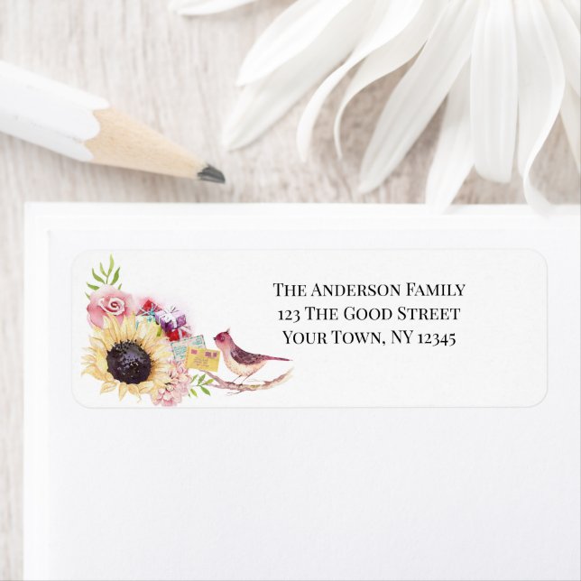Solrosgåvor för vattenfärg returadress etikett (Insitu)