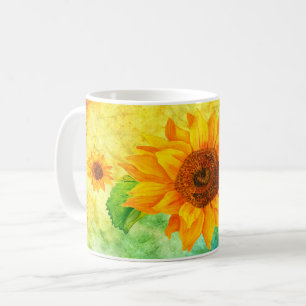 Solrosgrafik på färgstarka vattenfärgsbakgrund kaffemugg