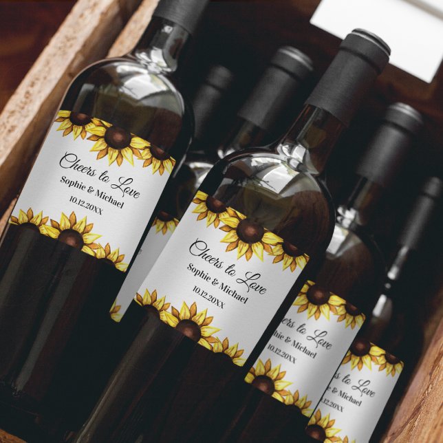 SolrosGult White Bröllop Cheers Elegant Vinflaska Etikett (Skapare uppladdad)