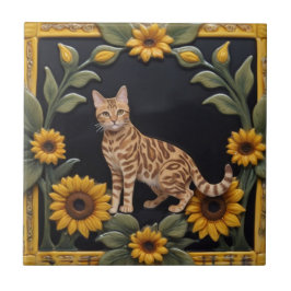 Solroskatter - Bengalisk katt & gula solrosor Kakelplatta