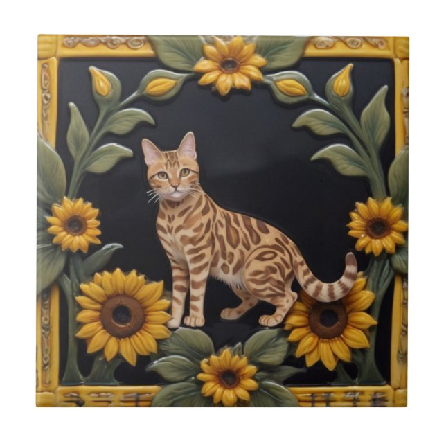Solroskatter - Bengalisk katt & gula solrosor Kakelplatta (Framsidan)