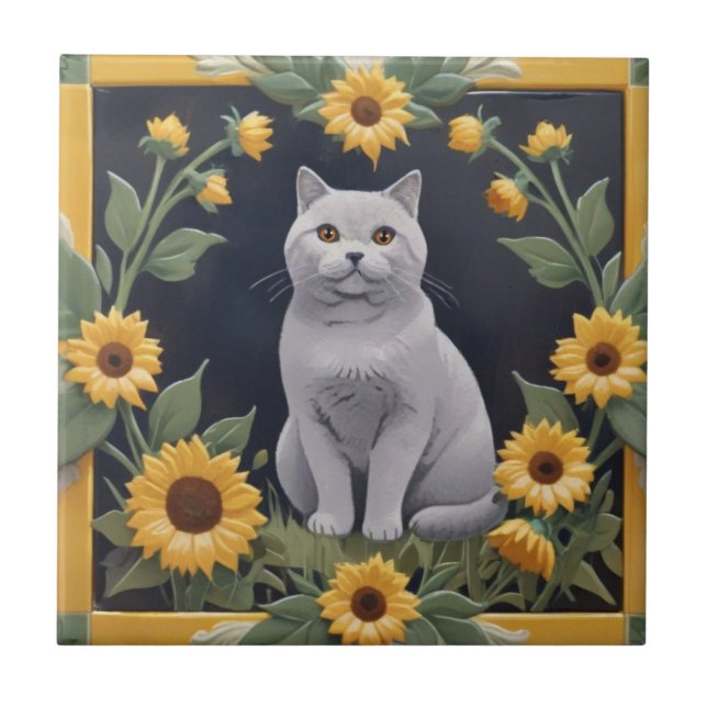 Solroskatter - Grå katt & gula solrosor Kakelplatta (Framsidan)