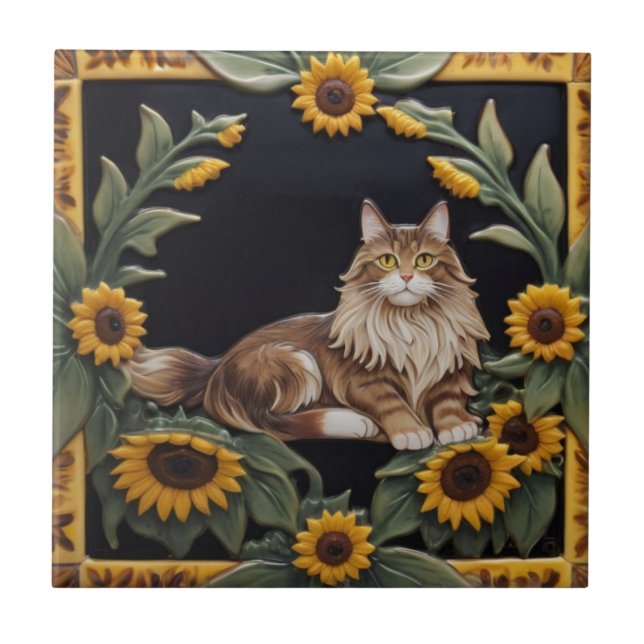 Solroskatter - MaineCoon Katt & Gula Solrosor Kakelplatta (Framsidan)