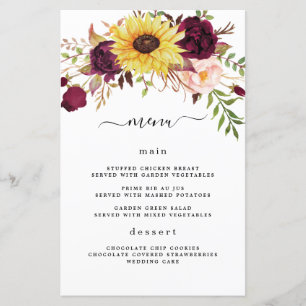 Solroskort Burgundy Red Bröllop Menu-kort