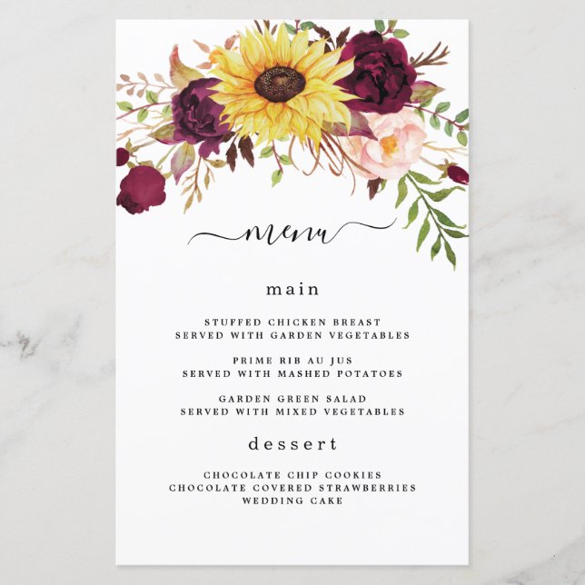 Solroskort Burgundy Red  Bröllop Menu-kort (Framsida)