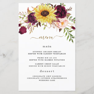 Solroskort Burgundy Red Bröllop Menu-kort