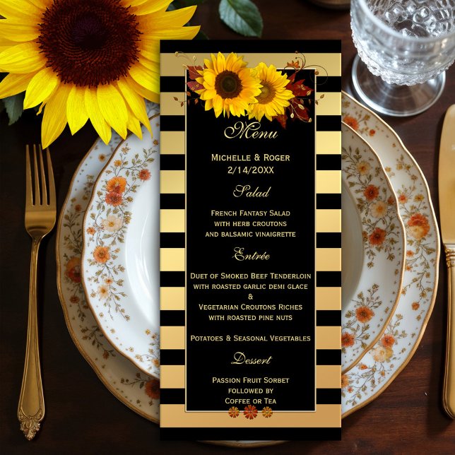 Solroskort Guld Bröllop eller Thanksgiving Meny (Menu card featuring festive sunflowers with autumn leaves and rose gold floral swirls on chic gold)