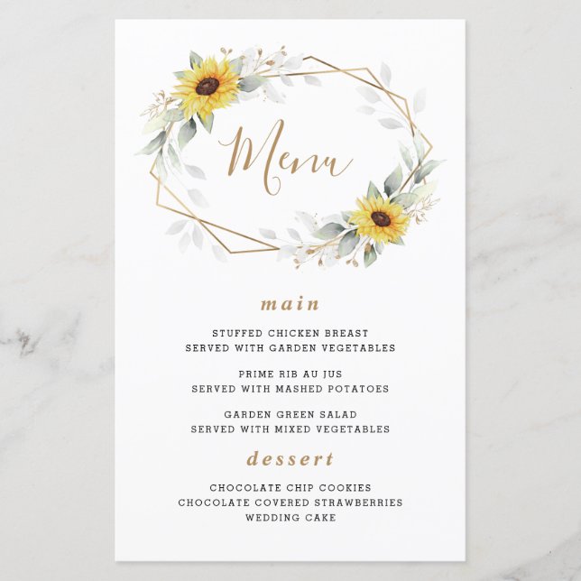 Solroskort med Geometric Bröllop Menu Elegant (Framsida)