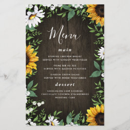 Solroskort och Daisy Rustic Wood Bröllop Menu-kort