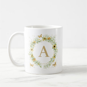 Solroskrans med fjärilar monogram kaffemugg