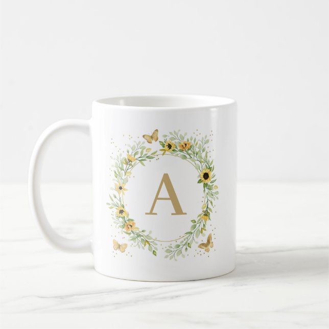 Solroskrans med fjärilar monogram kaffemugg (Vänster)