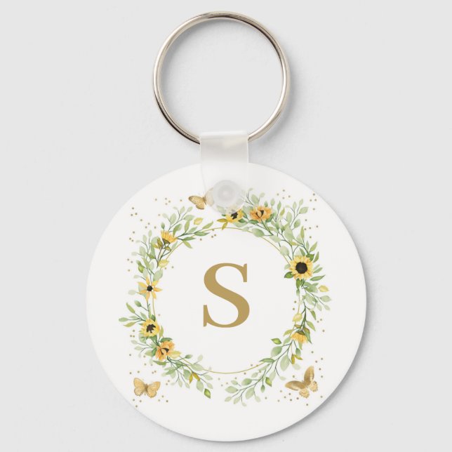 Solroskrans med fjärilar monogram nyckelring (Framsida)