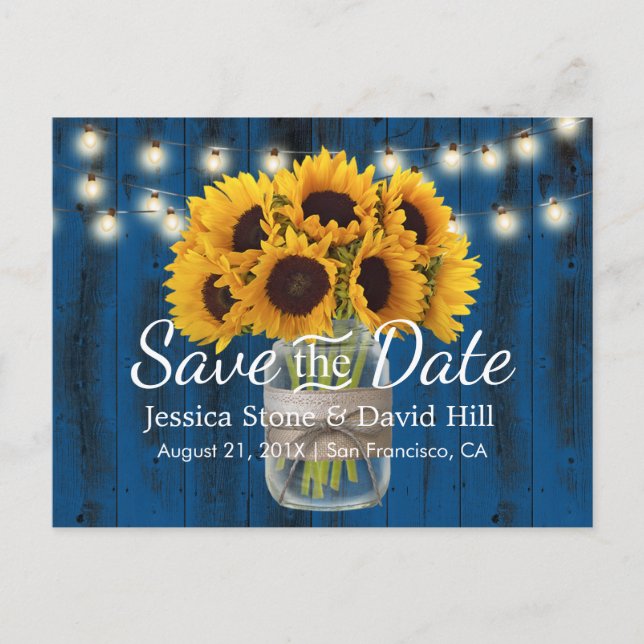 Solroskruka Marinblå Ladalager Bröllop Spara datum Meddelande Vykort (Framsida)