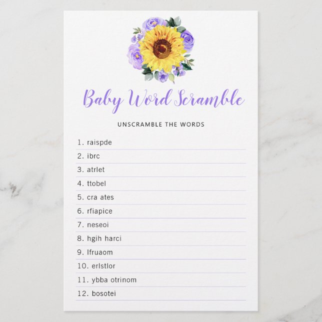 SolrosLila Blommigt Baby Shower Ord Game (Framsida)