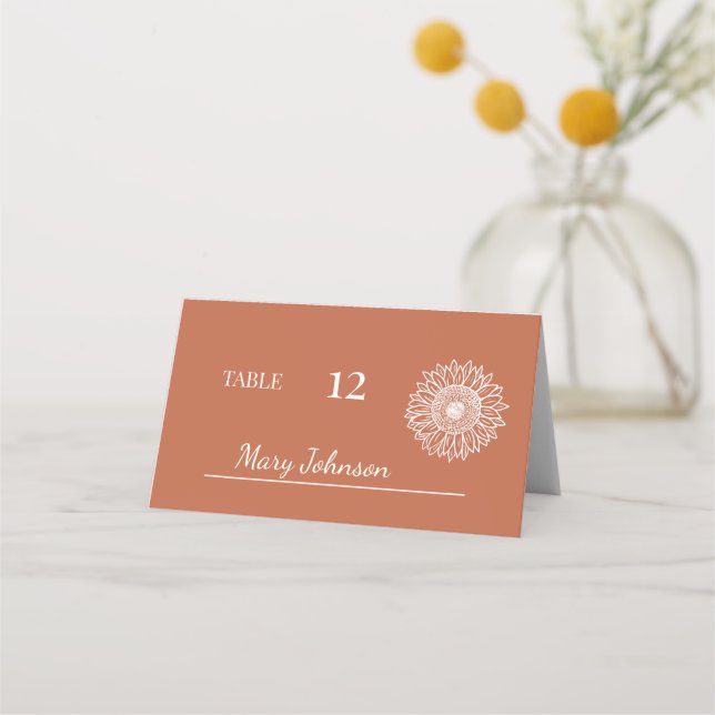 Solrosminimala Blommigtar Sketch Bröllop Placeringskort (Framsida)