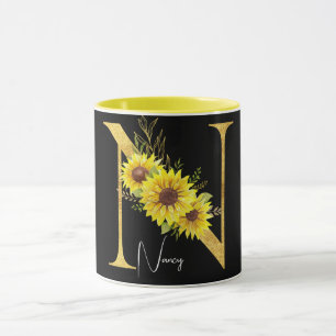 Solrosmonogram Brev N Blommigt Brev N Mugg