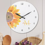 Solrosmonogram Stor Klocka<br><div class="desc">Denna glansfulla väggklocka dekoreras med en gult vattenfärgsolrosor och monogram i snyggtens typografi. Det är lätt att anpassade och ger en underbar gåva till en solrosolja älskare. Ursprunglig vattenfärg © Michele Davies.</div>