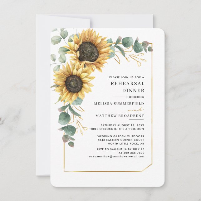 Solrosoldagen Blommigt Bröllop Rehearsal Middag Inbjudningar (Framsida)